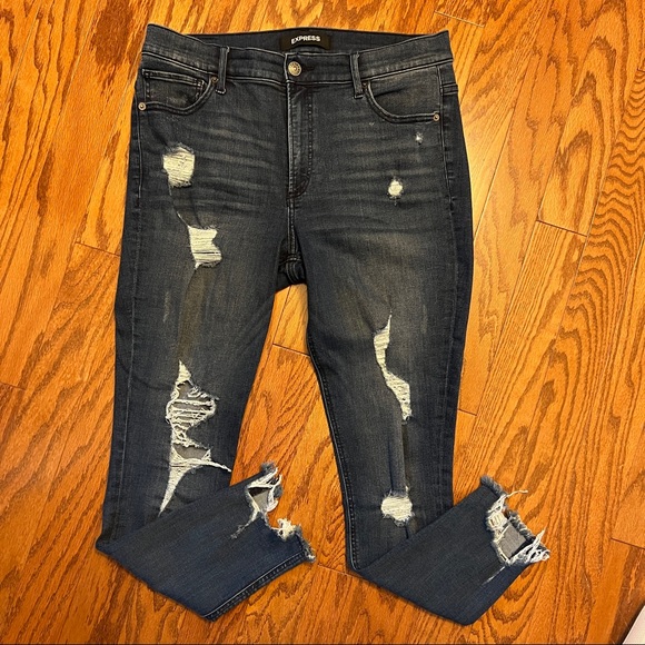 Express Denim - EXPRESS High Waisted Ripped Denim Perfect Stretch+ Ankle Leggings Jeans 12R